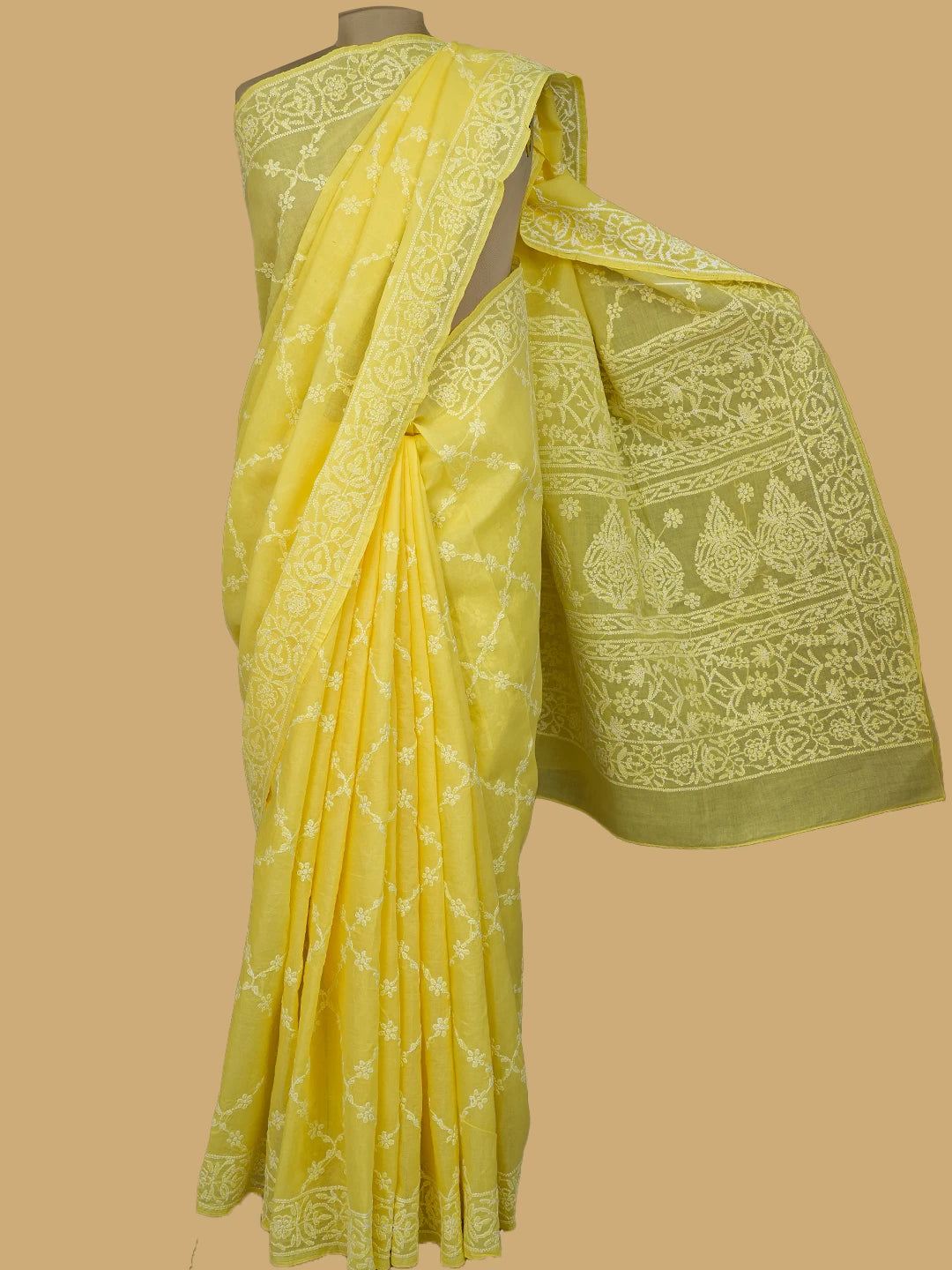 Ada Hand Embroidered Yellow Cotton Lucknowi Chikankari Saree With Blouse 01A760495