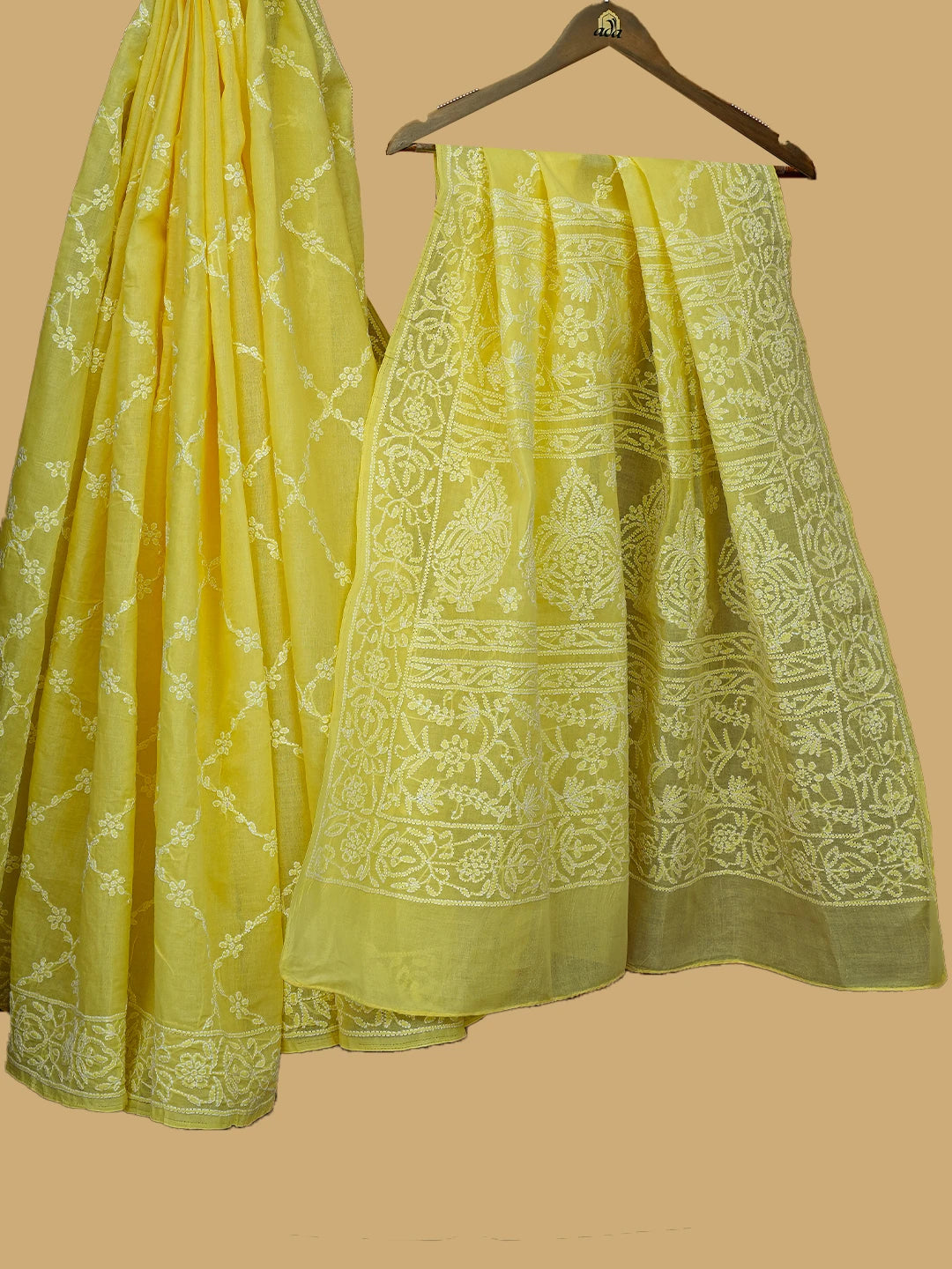 Ada Hand Embroidered Yellow Cotton Lucknowi Chikankari Saree With Blouse 01A760495