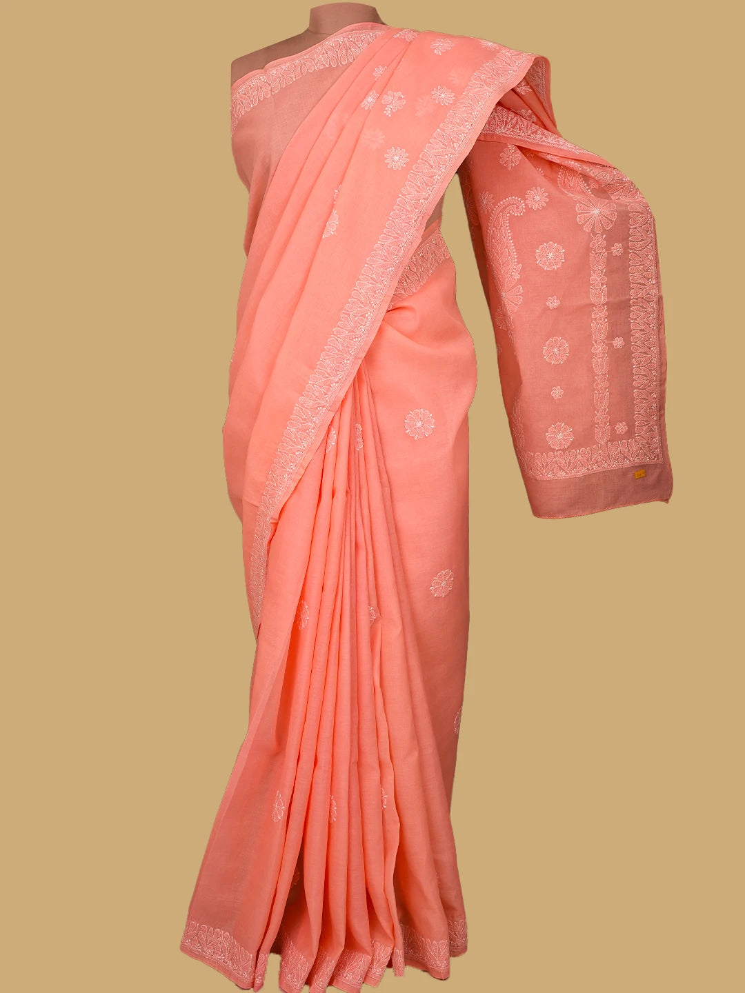 Ada Hand Embroidered Peach Cotton Lucknowi Chikankari Saree With Blouse 01A777867