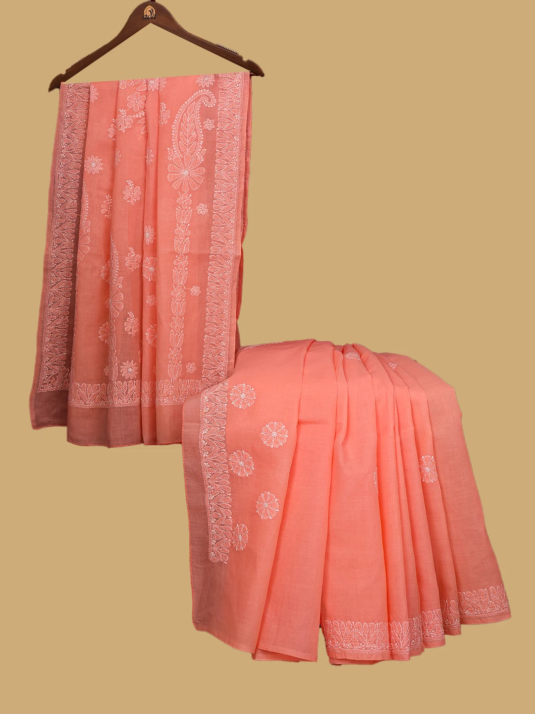 Ada Hand Embroidered Peach Cotton Lucknowi Chikankari Saree With Blouse 01A777867