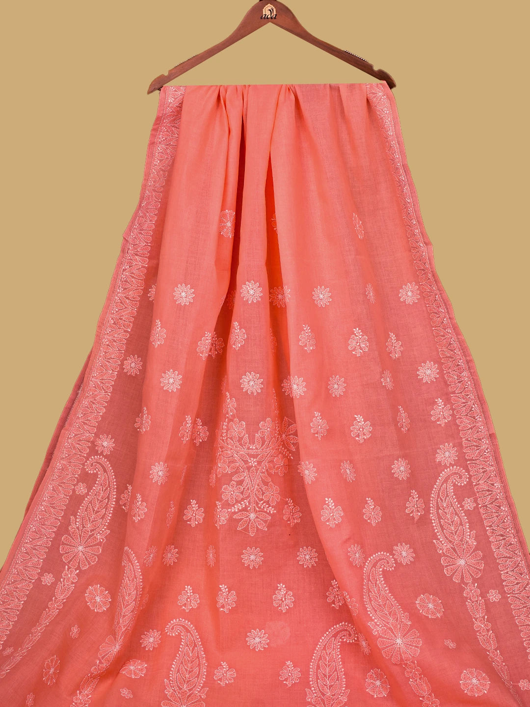 Ada Hand Embroidered Peach Cotton Lucknowi Chikankari Saree With Blouse 01A777867