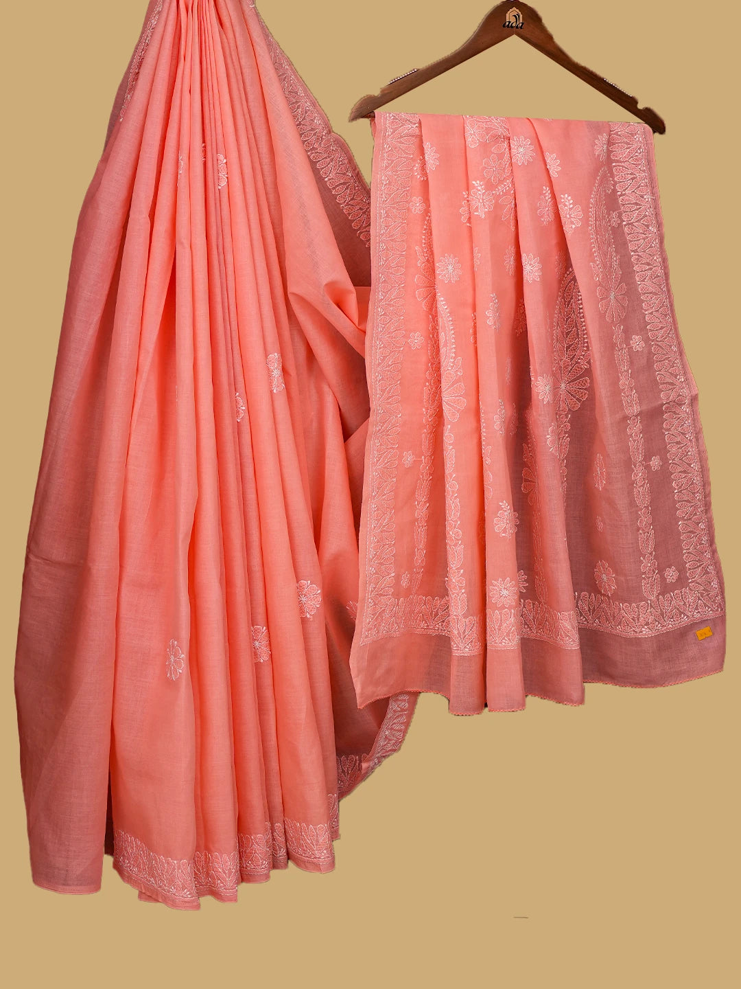 Ada Hand Embroidered Peach Cotton Lucknowi Chikankari Saree With Blouse 01A777867
