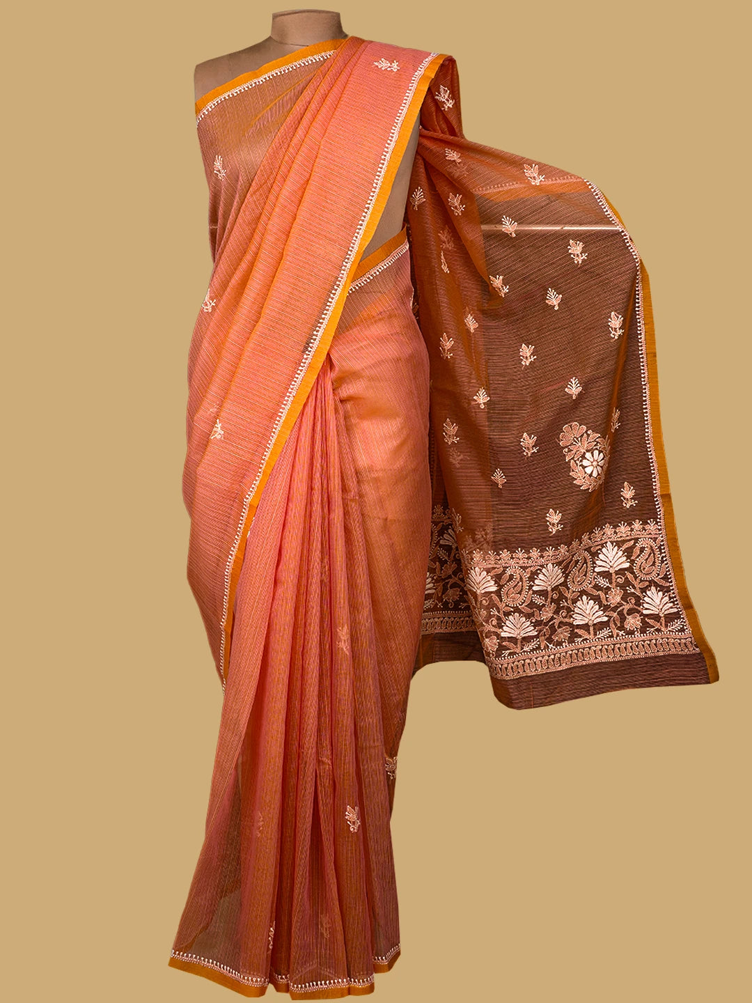 Ada Hand Embroidered Peach Orange Super Net Lucknowi Chikankari Saree With Blouse 01A777329