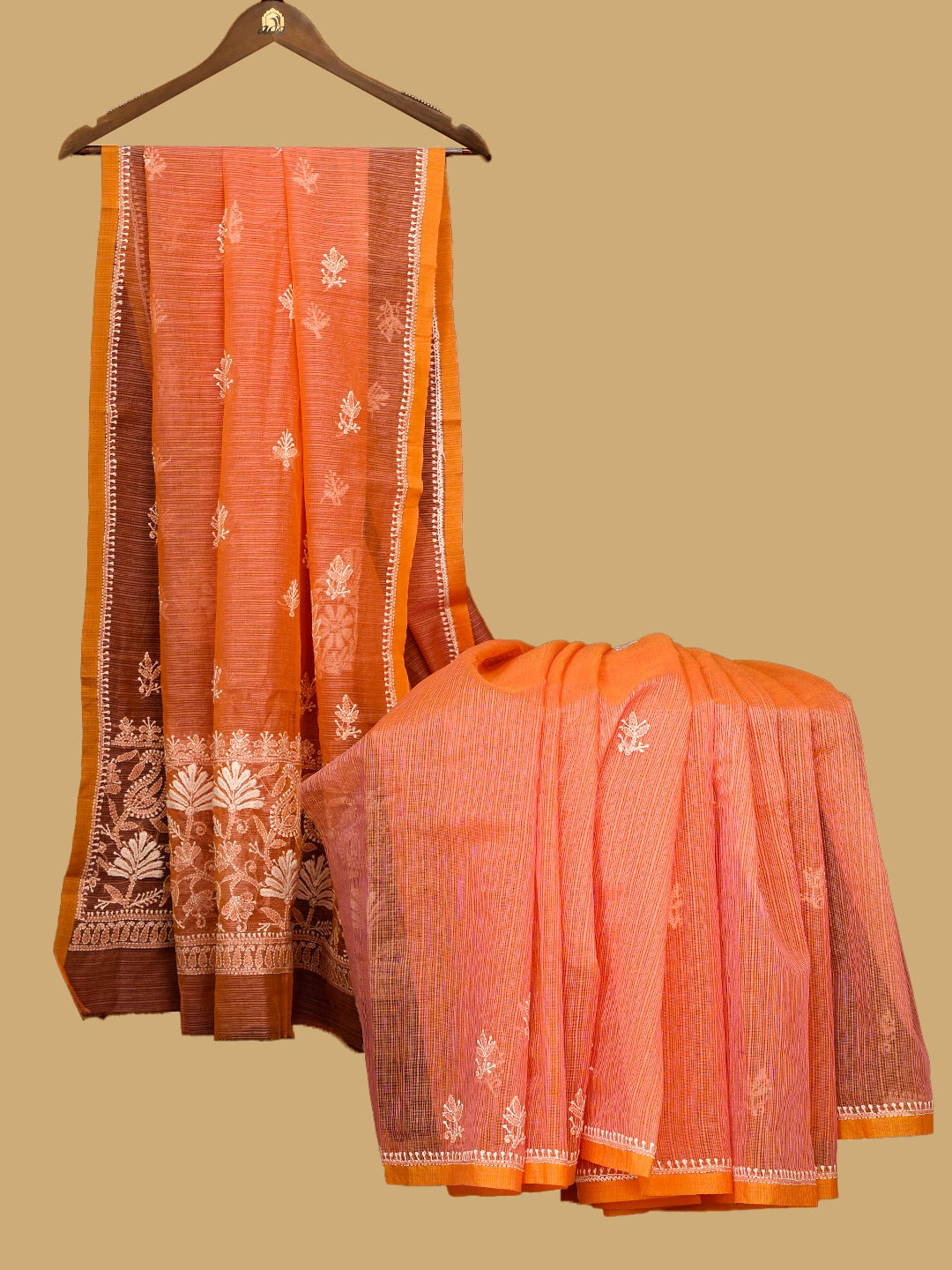 Ada Hand Embroidered Peach Orange Super Net Lucknowi Chikankari Saree With Blouse 01A777329