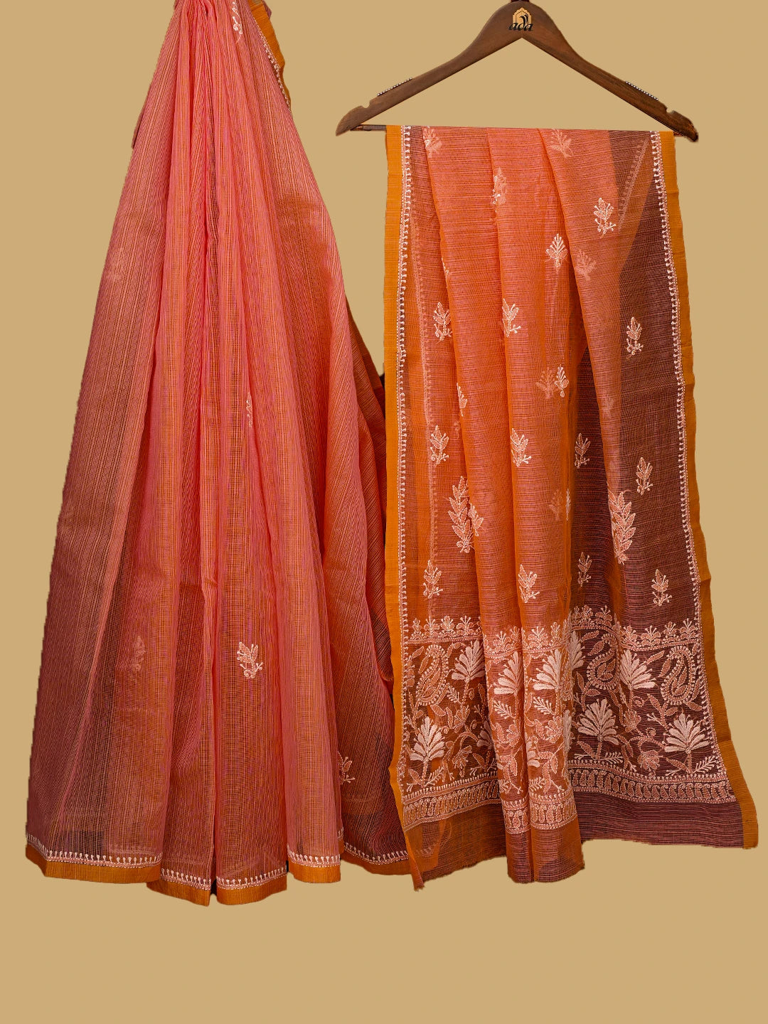 Ada Hand Embroidered Peach Orange Super Net Lucknowi Chikankari Saree With Blouse 01A777329