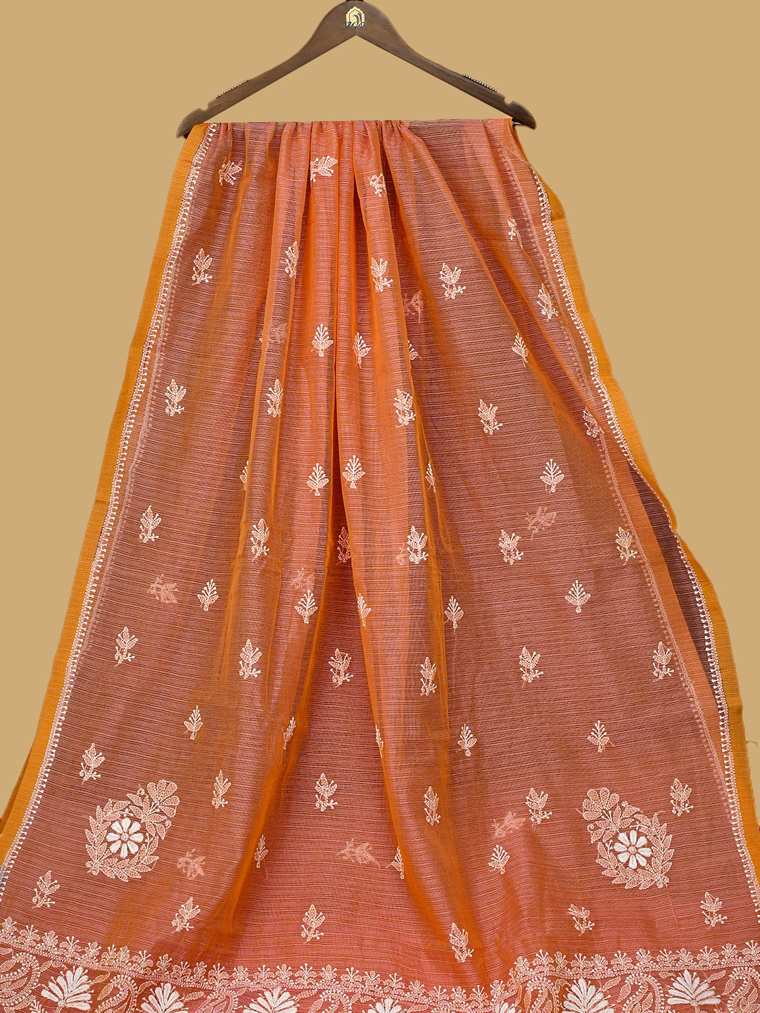 Ada Hand Embroidered Peach Orange Super Net Lucknowi Chikankari Saree With Blouse 01A777329