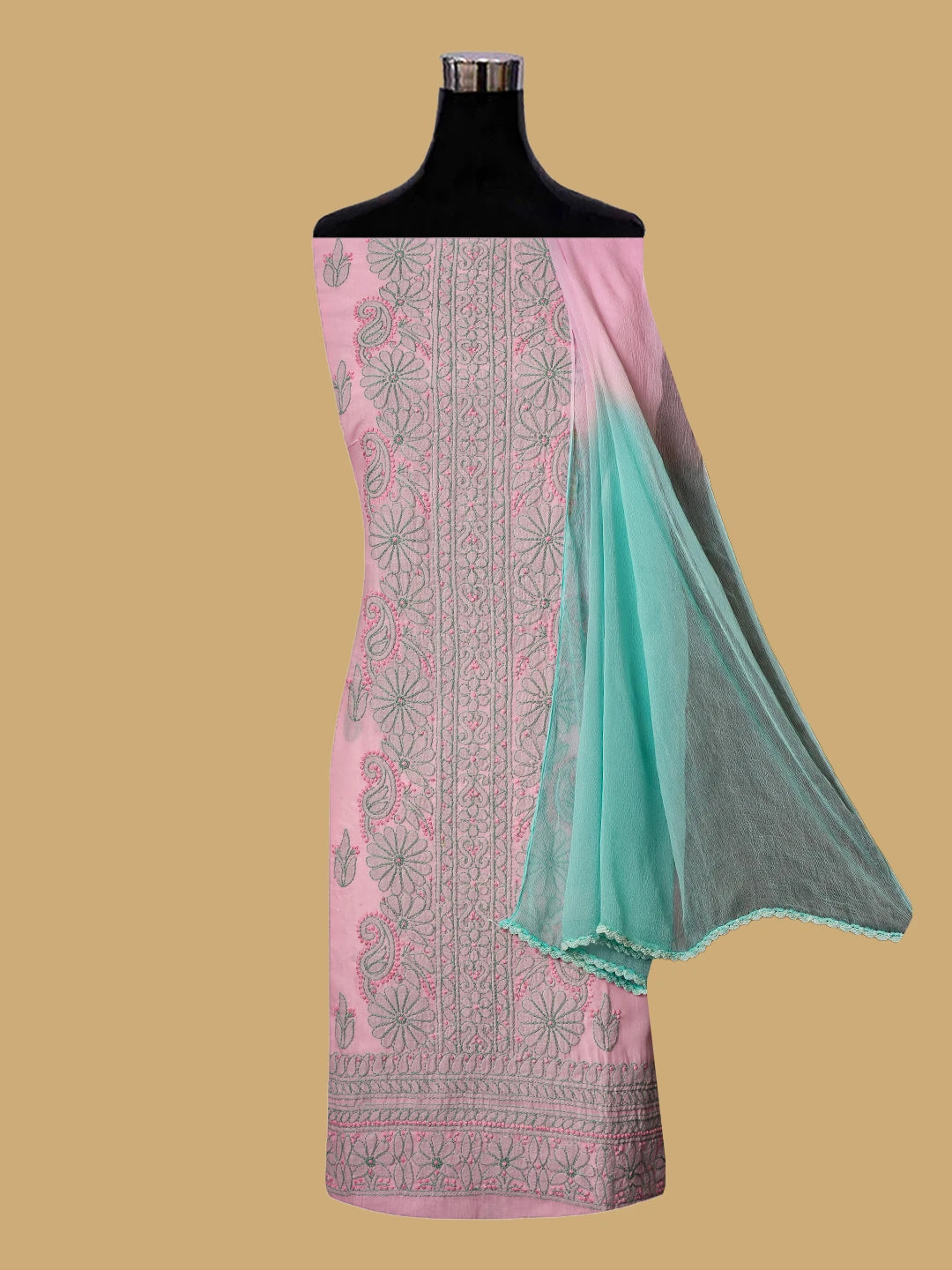Ada Hand Embroidered Pink Cotton Lucknowi Chikankari Unstitched Suit Piece 01A659726