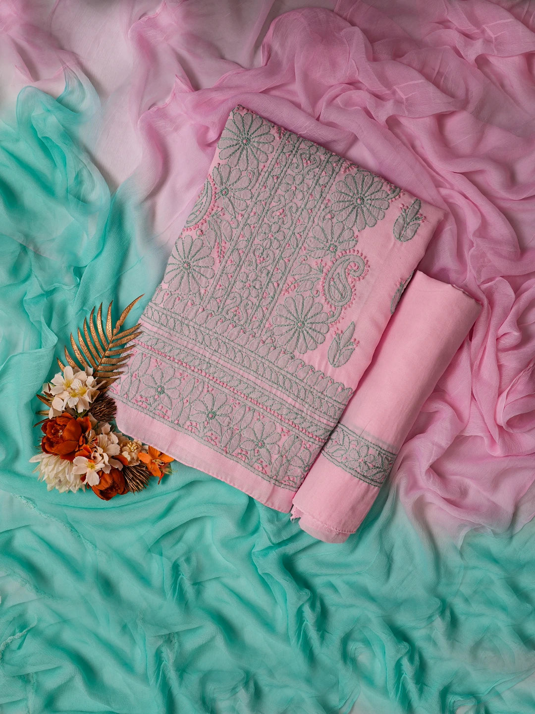 Ada Hand Embroidered Pink Cotton Lucknowi Chikankari Unstitched Suit Piece 01A659726
