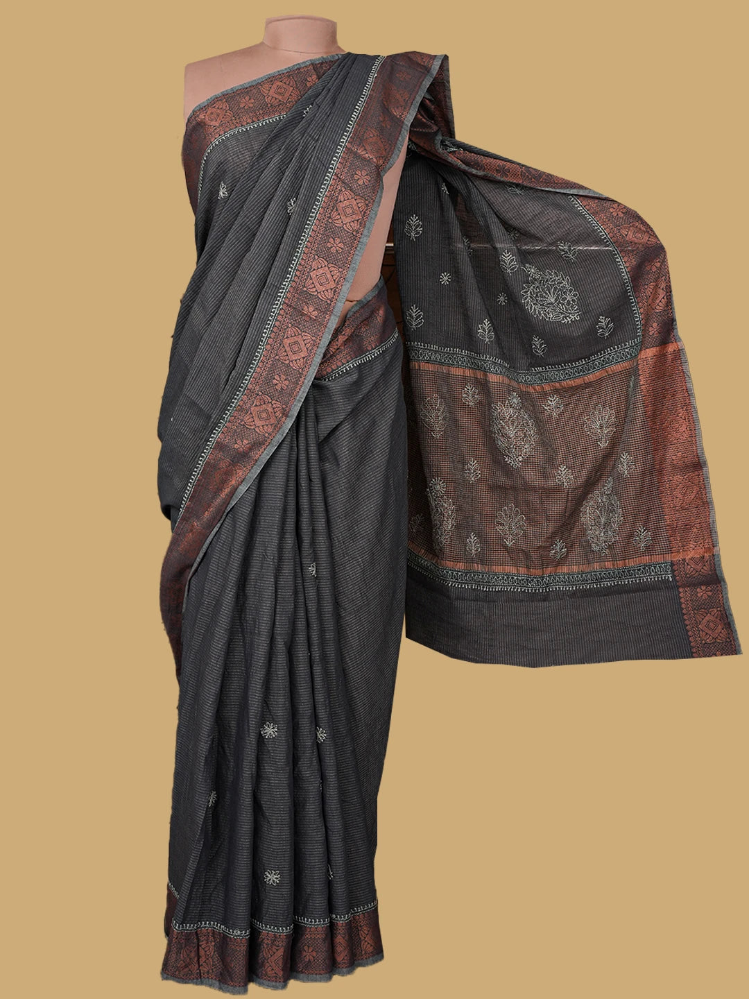 Ada Hand Embroidered Grey Chanderi Lucknowi Chikankari Saree With Blouse 01A776736