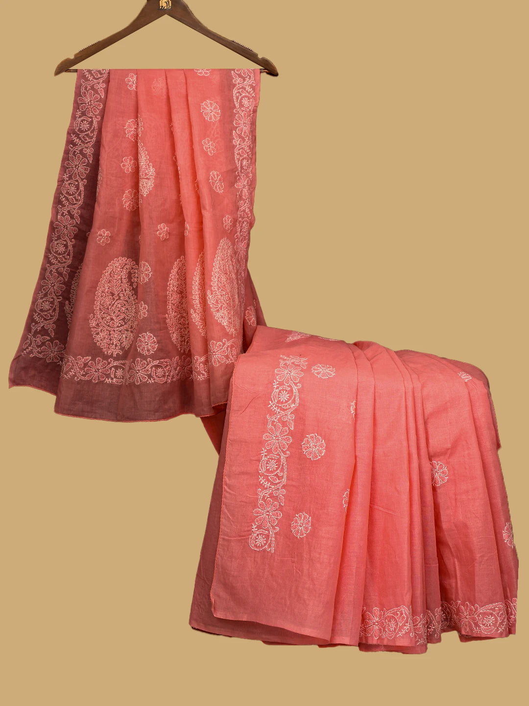 Ada Hand Embroidered Peach Cotton Lucknowi Chikankari Saree and Blouse 01A759220
