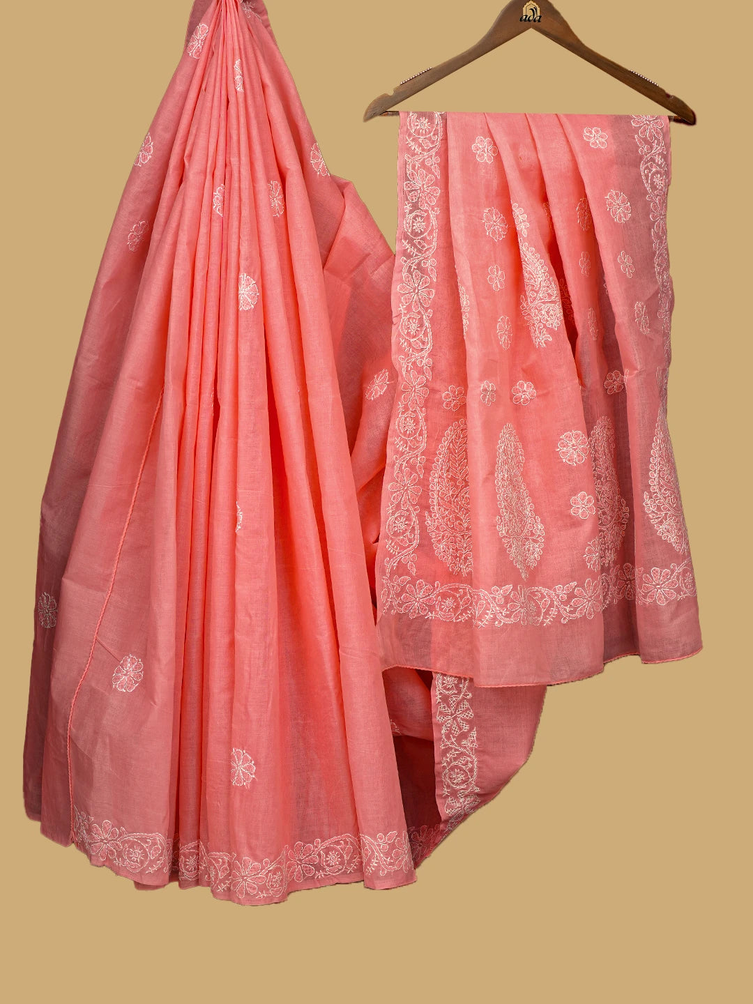 Ada Hand Embroidered Peach Cotton Lucknowi Chikankari Saree and Blouse 01A759220