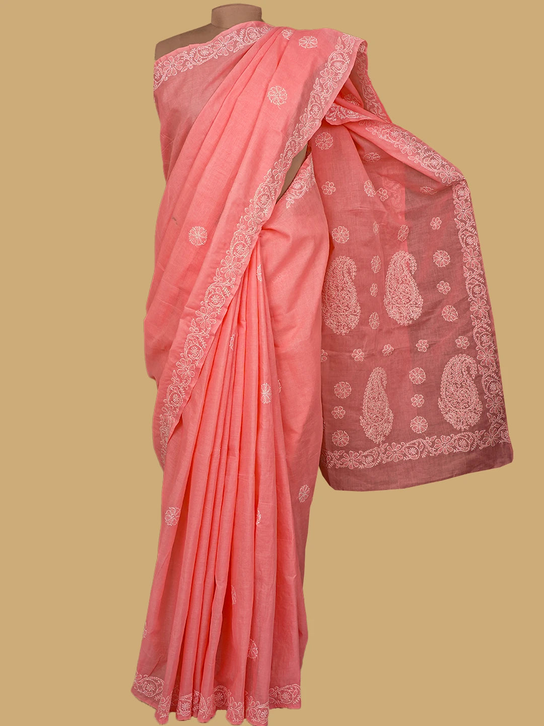 Ada Hand Embroidered Peach Cotton Lucknowi Chikankari Saree and Blouse 01A759220