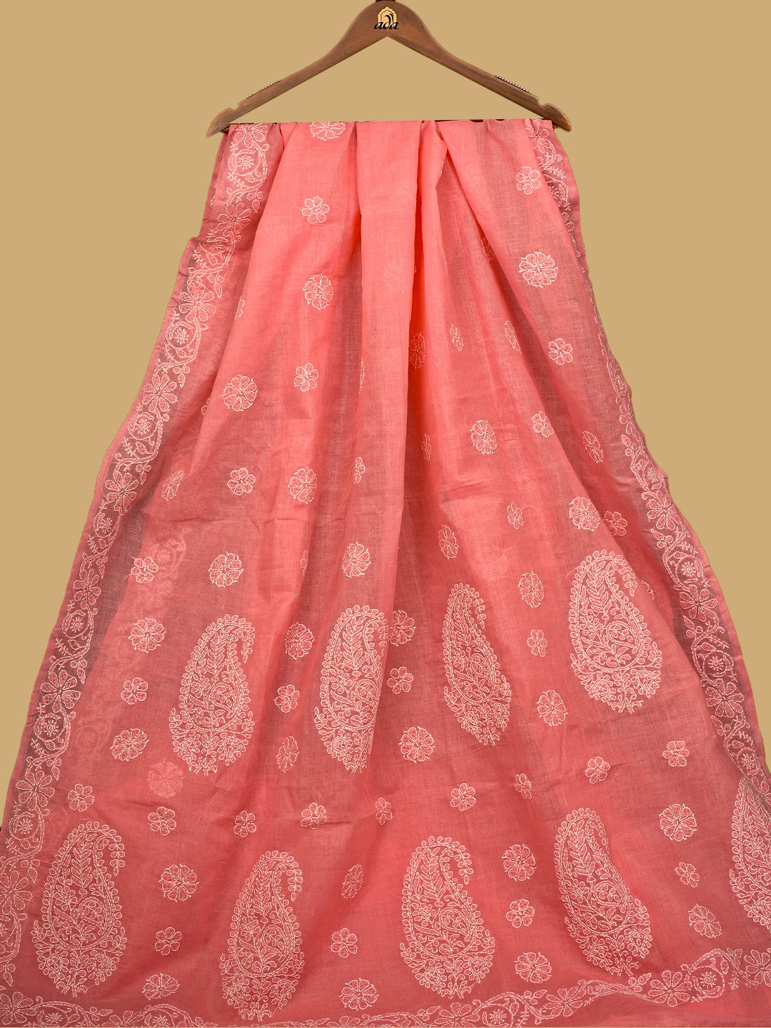 Ada Hand Embroidered Peach Cotton Lucknowi Chikankari Saree and Blouse 01A759220