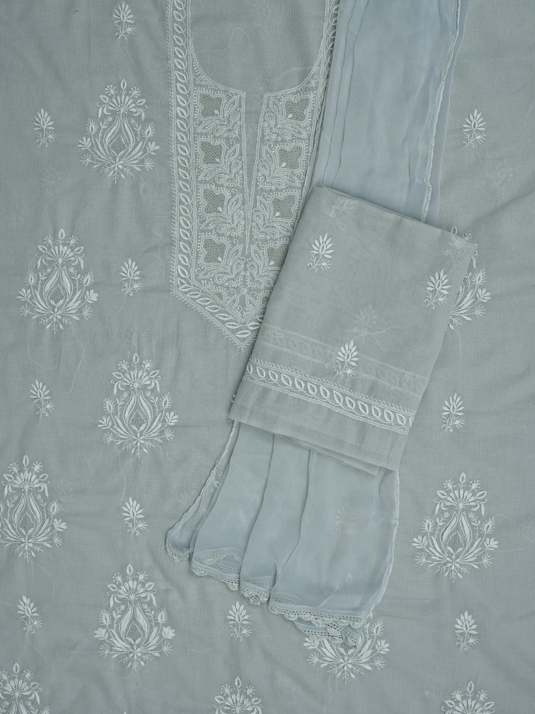 Ada Hand Embroidered Grey Cotton Lucknowi Chikankari Unstitched Suit Piece 01A773705