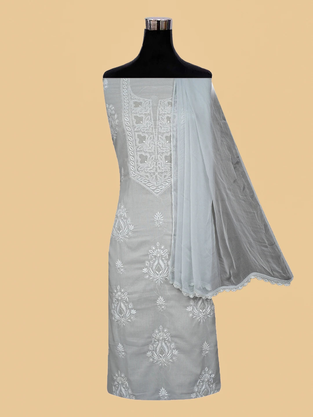 Ada Hand Embroidered Grey Cotton Lucknowi Chikankari Unstitched Suit Piece 01A773705