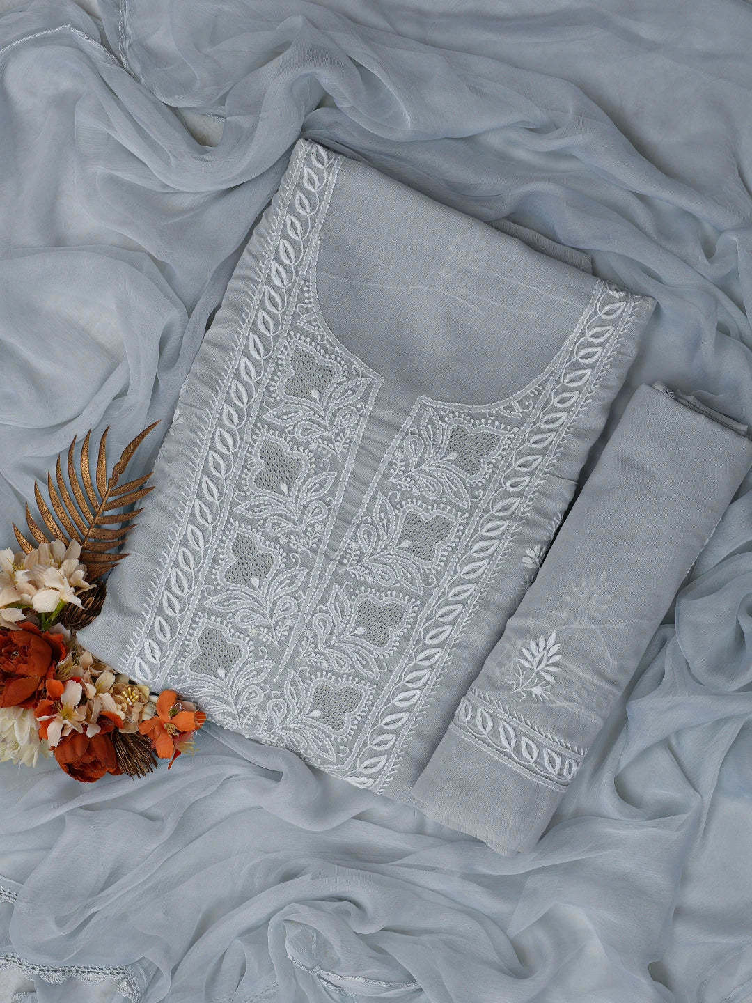 Ada Hand Embroidered Grey Cotton Lucknowi Chikankari Unstitched Suit Piece 01A773705
