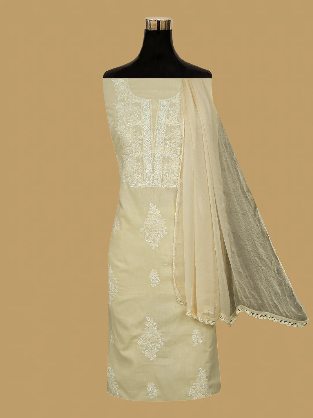 Ada Hand Embroidered Fawn Cotton Lucknowi Chikankari Unstitched Suit Piece 01A773520