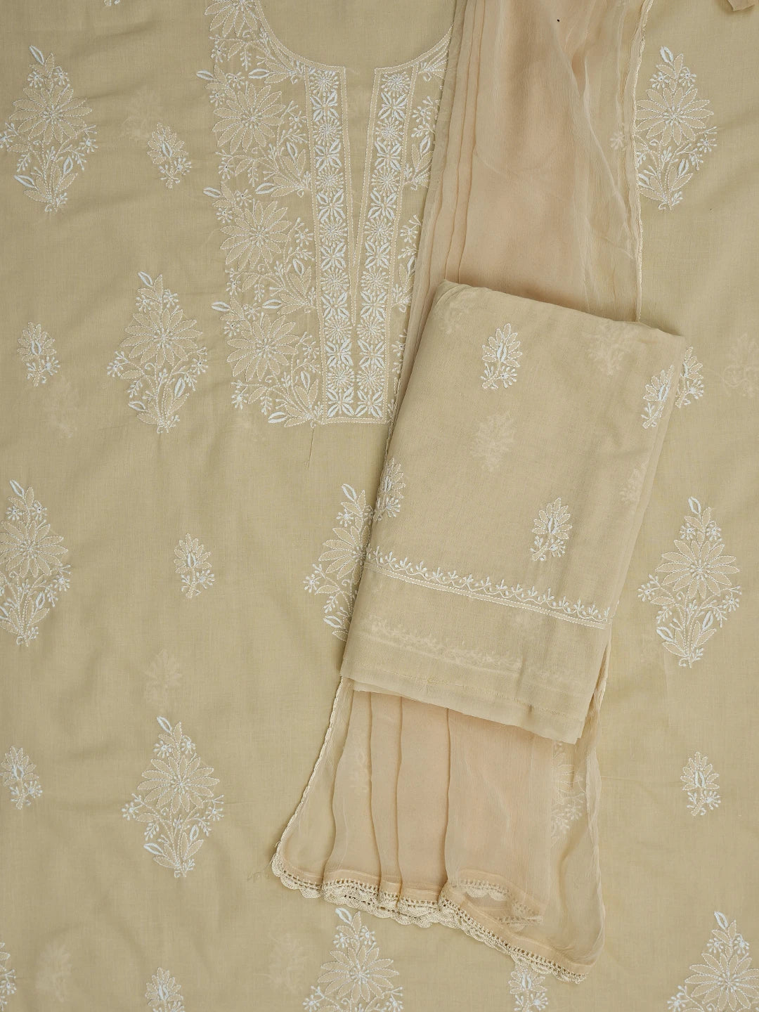 Ada Hand Embroidered Fawn Cotton Lucknowi Chikankari Unstitched Suit Piece 01A773520