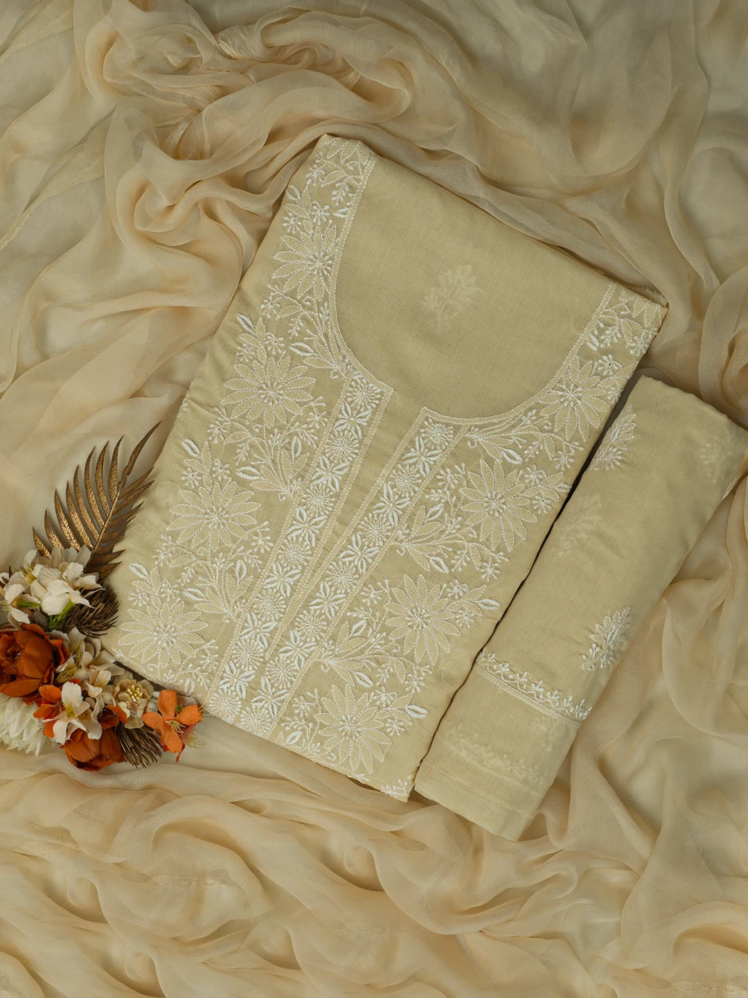 Ada Hand Embroidered Fawn Cotton Lucknowi Chikankari Unstitched Suit Piece 01A773520