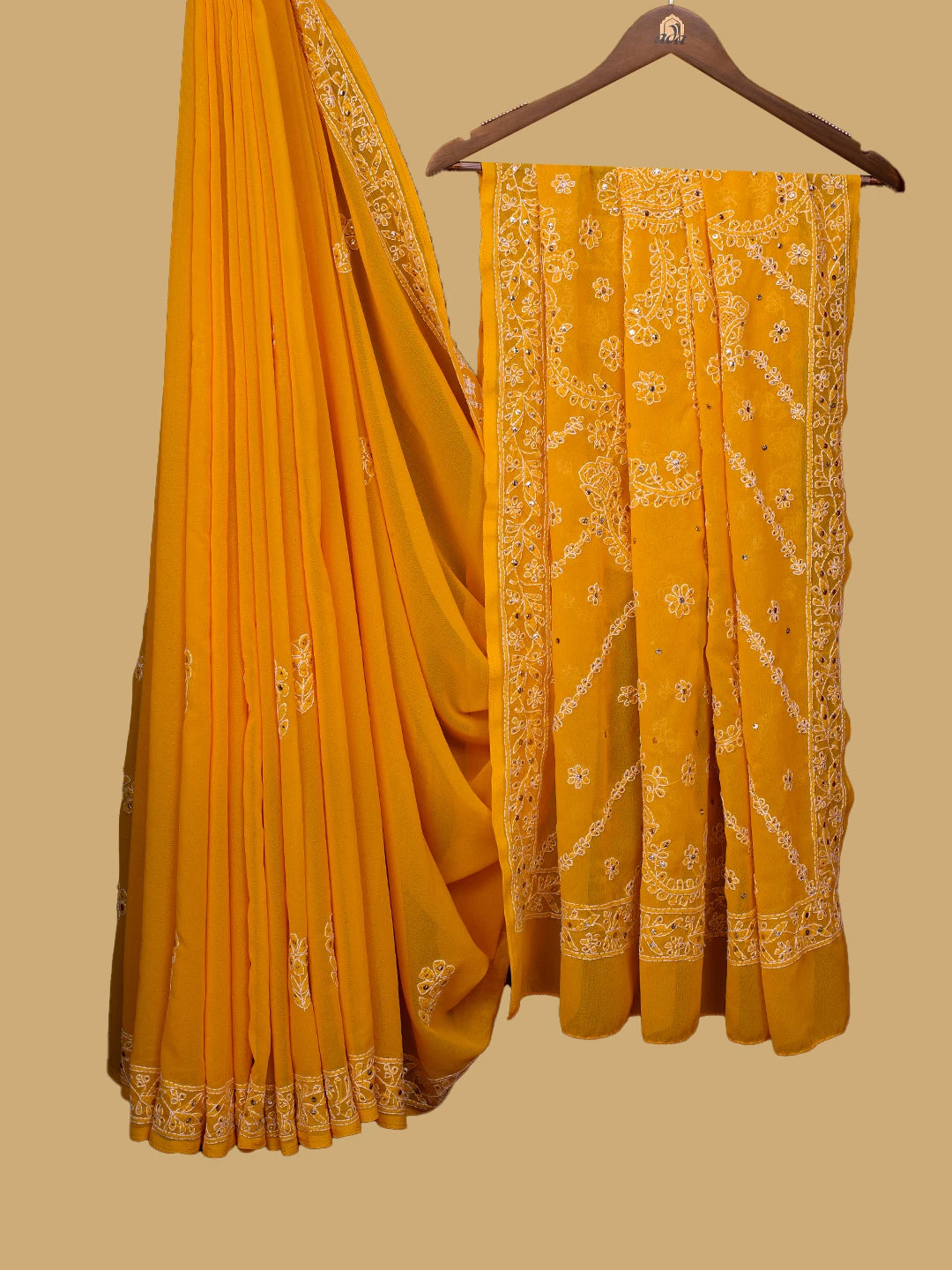 Ada Hand Embroidered Yellow Georgette Lucknowi Chikankari Saree and Blouse With Muqaish Work 01A269838