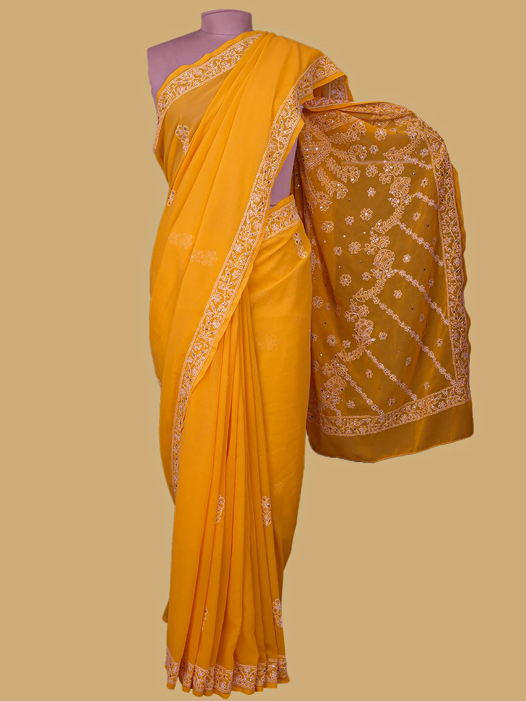 Ada Hand Embroidered Yellow Georgette Lucknowi Chikankari Saree and Blouse With Muqaish Work 01A269838