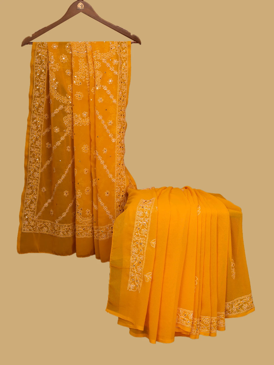 Ada Hand Embroidered Yellow Georgette Lucknowi Chikankari Saree and Blouse With Muqaish Work 01A269838