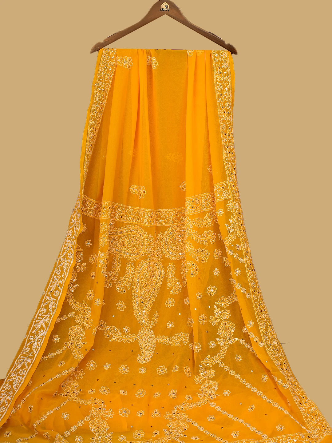 Ada Hand Embroidered Yellow Georgette Lucknowi Chikankari Saree and Blouse With Muqaish Work 01A269838