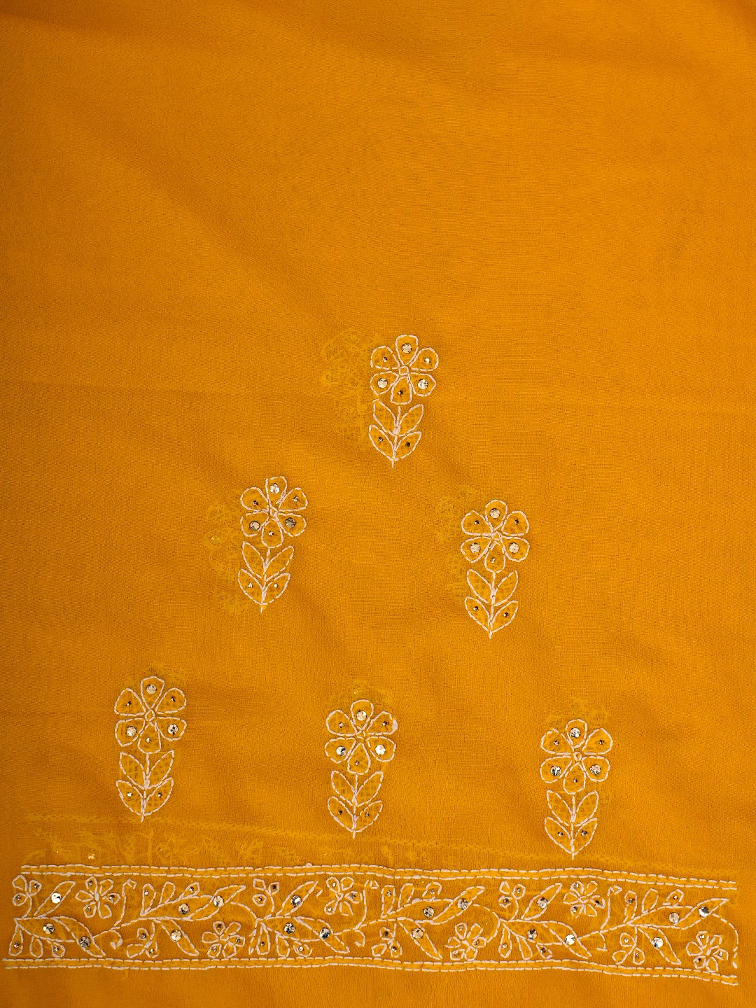 Ada Hand Embroidered Yellow Georgette Lucknowi Chikankari Saree and Blouse With Muqaish Work 01A269838