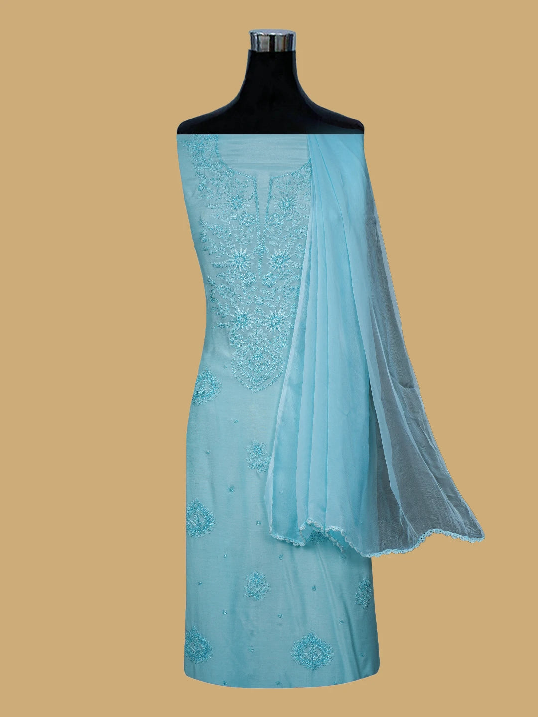 Ada Hand Embroidered Sky Blue Muslin Lucknowi Chikankari Unstitched Suit Piece With Cutdana Work 01A788653