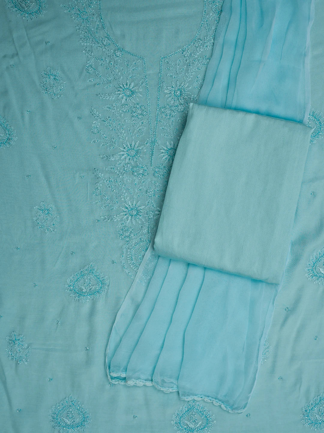 Ada Hand Embroidered Sky Blue Muslin Lucknowi Chikankari Unstitched Suit Piece With Cutdana Work 01A788653