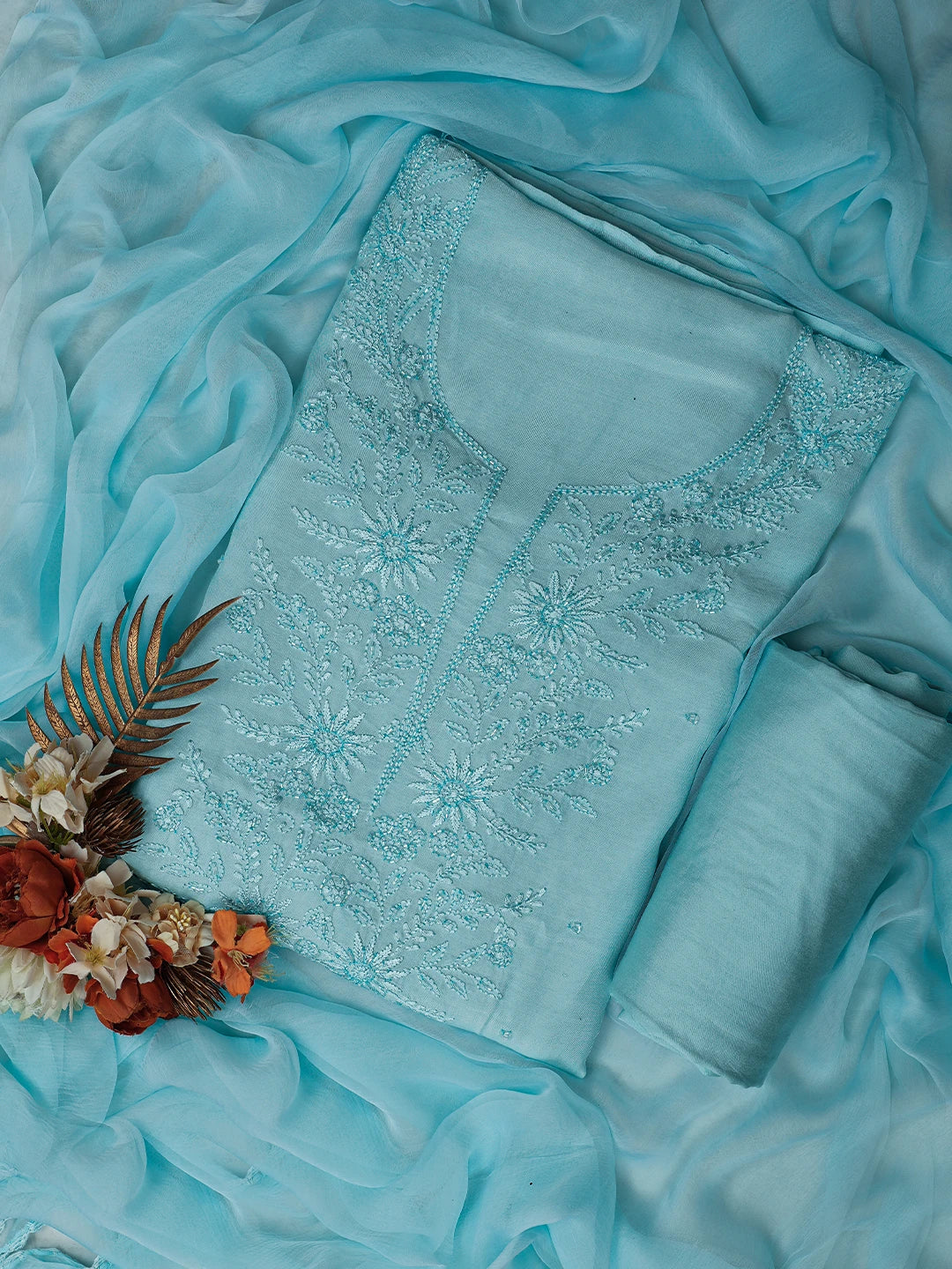 Ada Hand Embroidered Sky Blue Muslin Lucknowi Chikankari Unstitched Suit Piece With Cutdana Work 01A788653