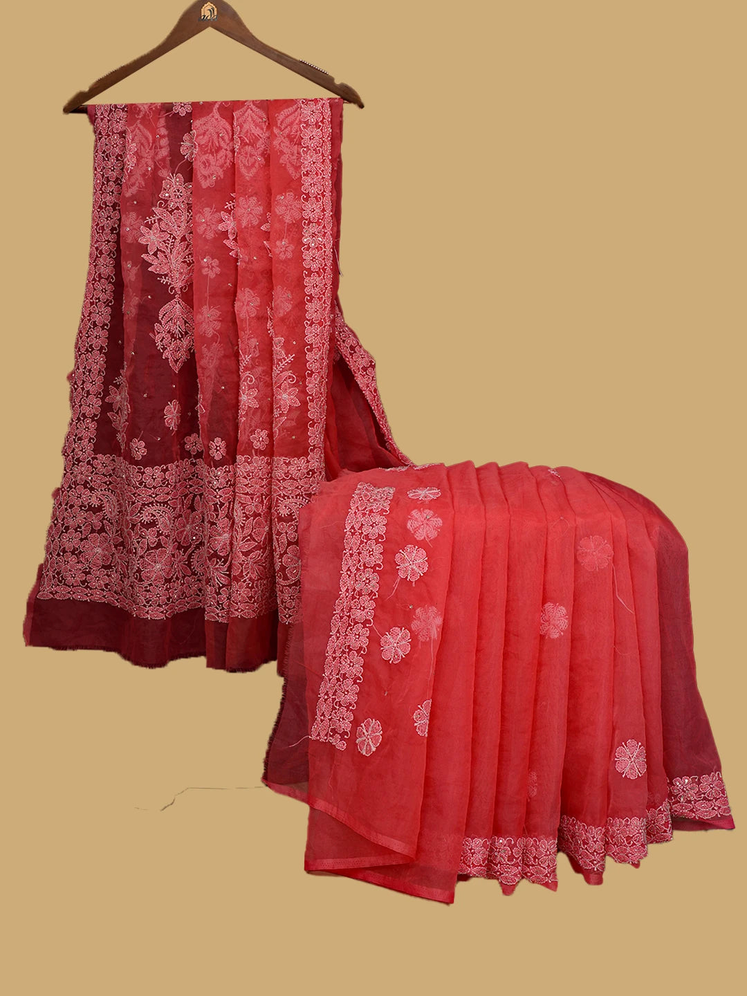 Ada Hand Embroidered Carrot Pink Organza Lucknowi Chikankari Saree and Blouse With Cutdana Work 01A744051