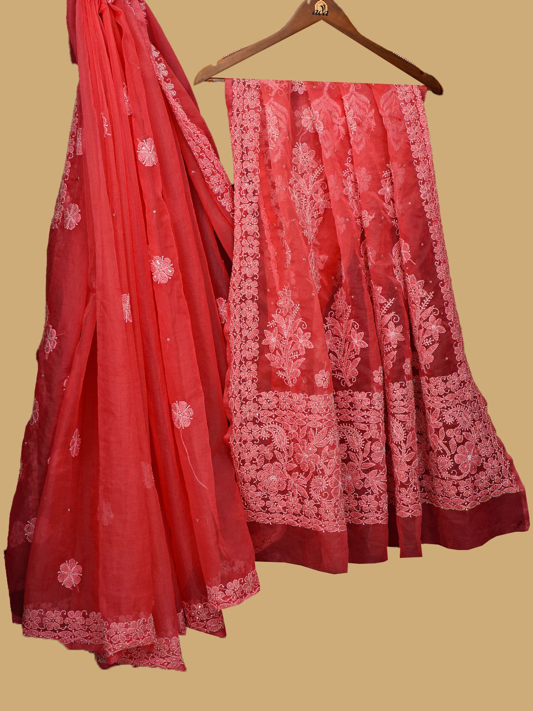 Ada Hand Embroidered Carrot Pink Organza Lucknowi Chikankari Saree and Blouse With Cutdana Work 01A744051