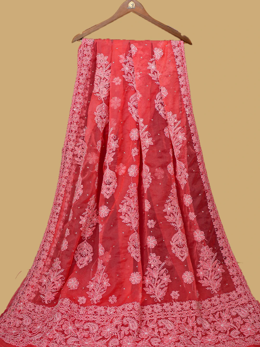 Ada Hand Embroidered Carrot Pink Organza Lucknowi Chikankari Saree and Blouse With Cutdana Work 01A744051