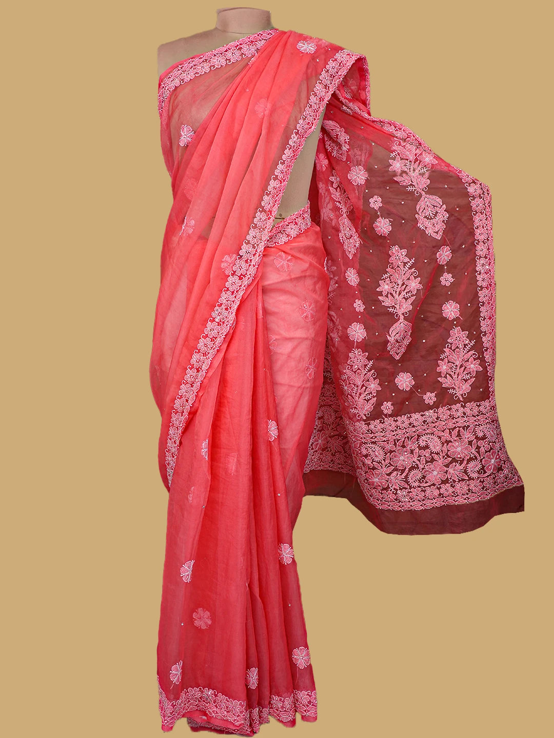 Ada Hand Embroidered Carrot Pink Organza Lucknowi Chikankari Saree and Blouse With Cutdana Work 01A744051