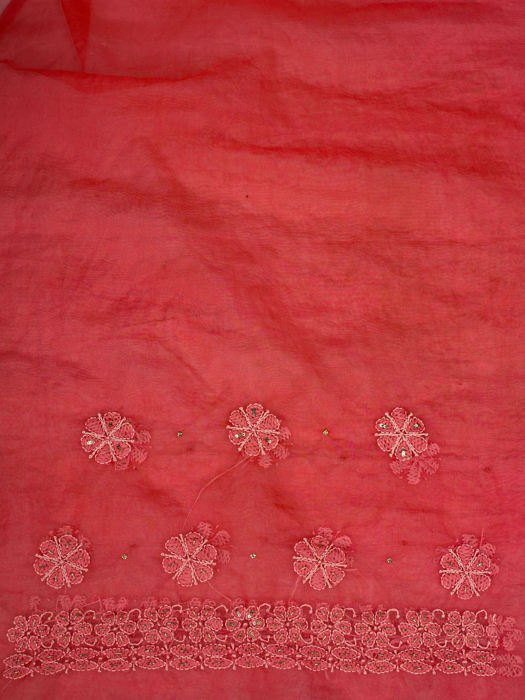 Ada Hand Embroidered Carrot Pink Organza Lucknowi Chikankari Saree and Blouse With Cutdana Work 01A744051
