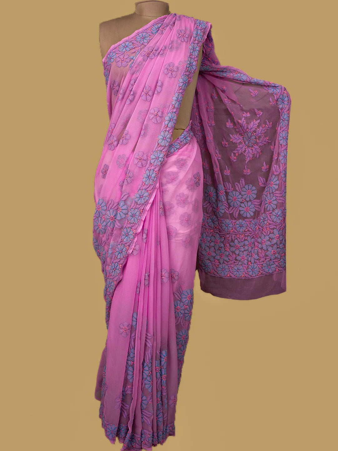 Ada Hand Embroidered Pink Georgette Lucknowi Chikankari Saree and Blouse 01A748582