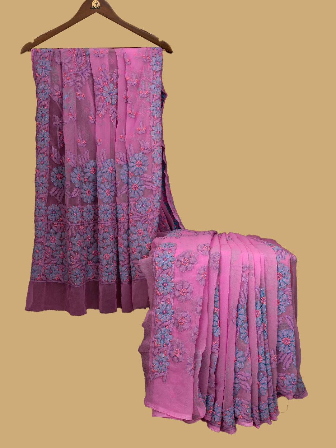 Ada Hand Embroidered Pink Georgette Lucknowi Chikankari Saree and Blouse 01A748582