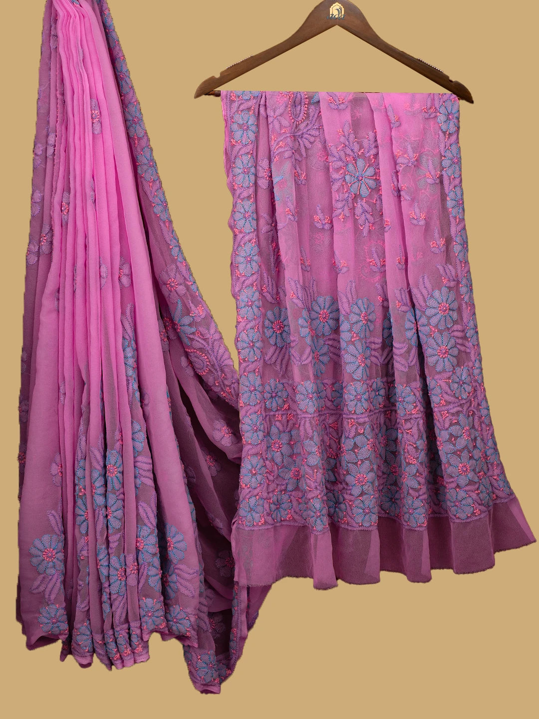 Ada Hand Embroidered Pink Georgette Lucknowi Chikankari Saree and Blouse 01A748582