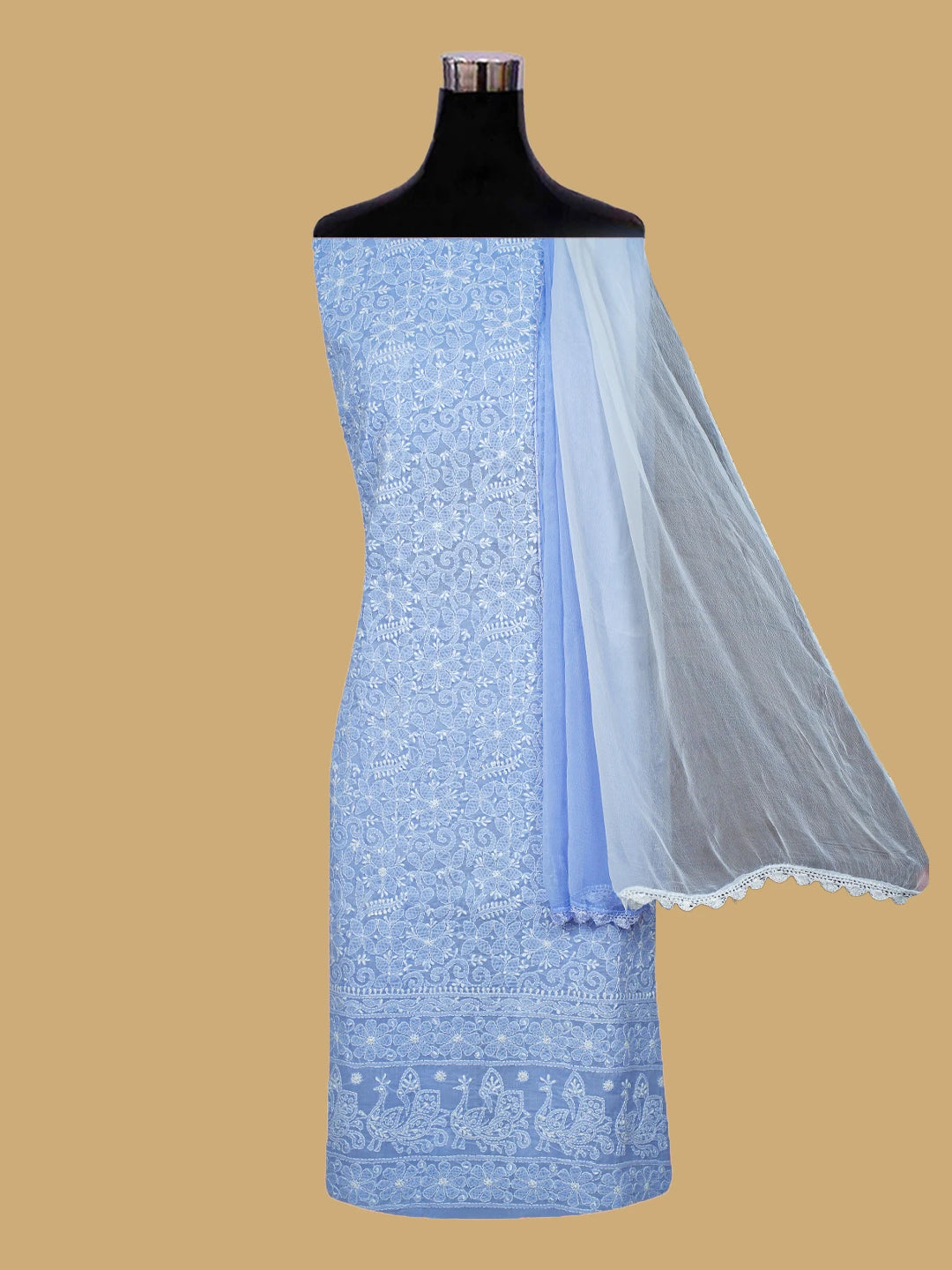 Ada Hand Embroidered Ink Blue Cotton Lucknowi Chikankari Unstitched Suit Piece 01A785234