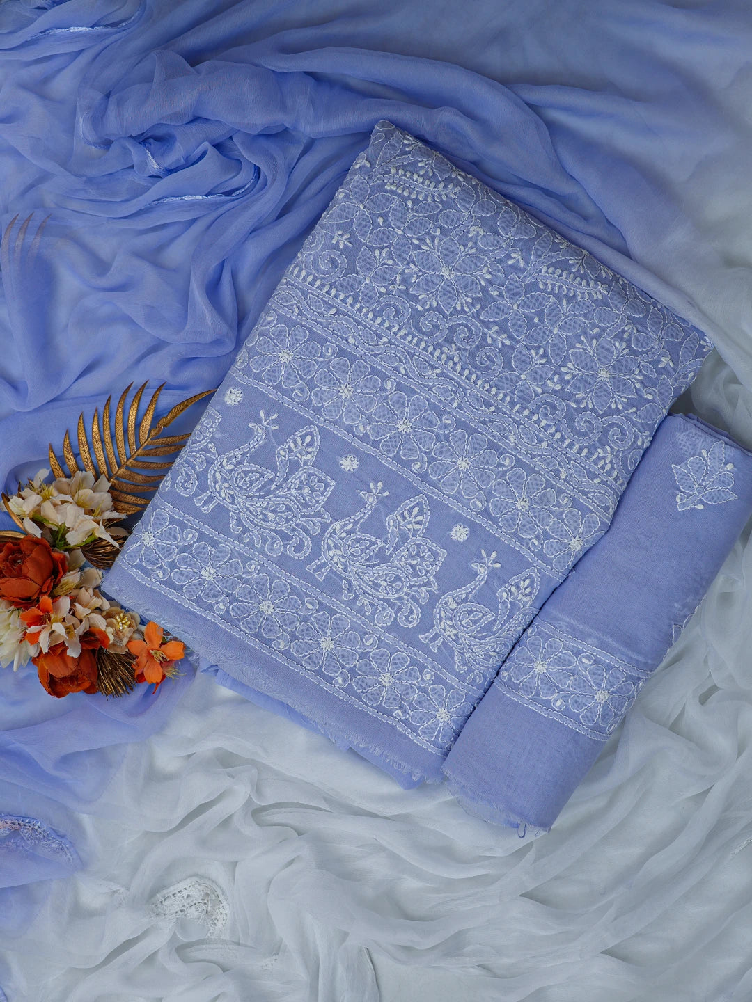 Ada Hand Embroidered Ink Blue Cotton Lucknowi Chikankari Unstitched Suit Piece 01A785234