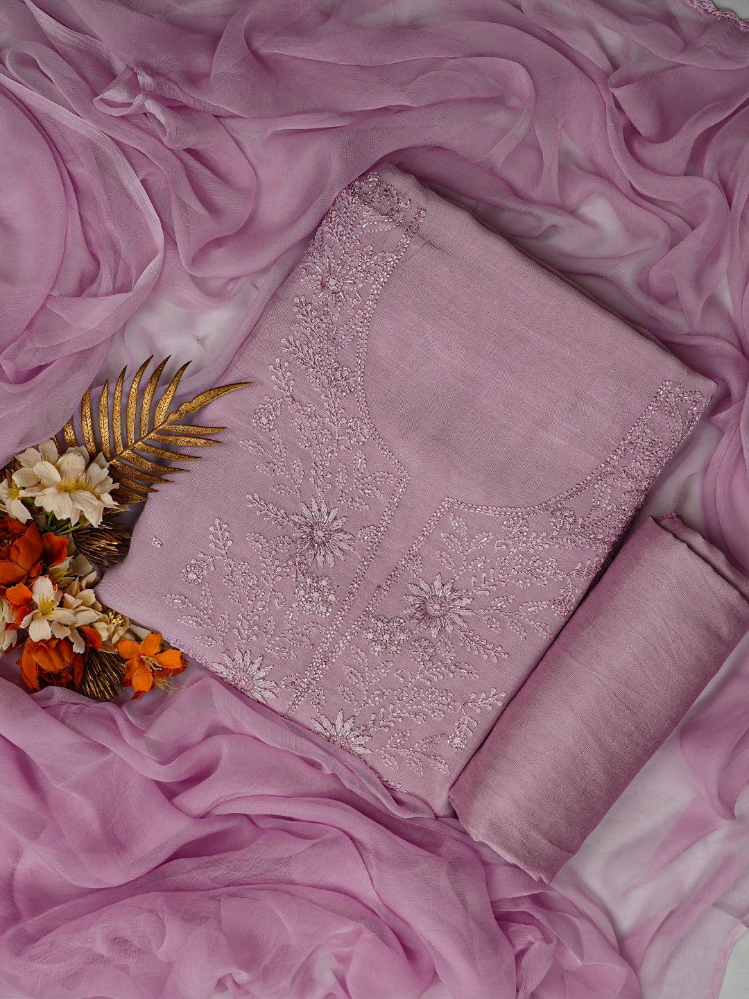 Ada Hand Embroidered Mauve Muslin Lucknowi Chikankari Unstitched Suit Piece With Cutdana Work 01A788672