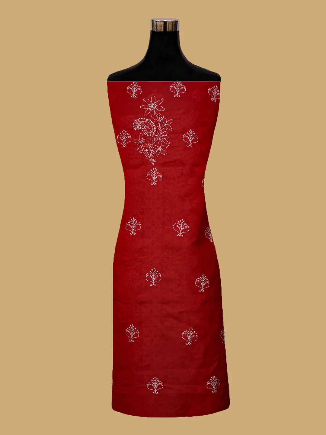 Ada Hand Embroidered Red Cotton Lucknowi Chikankari Unstitched Suit Piece 01A787251