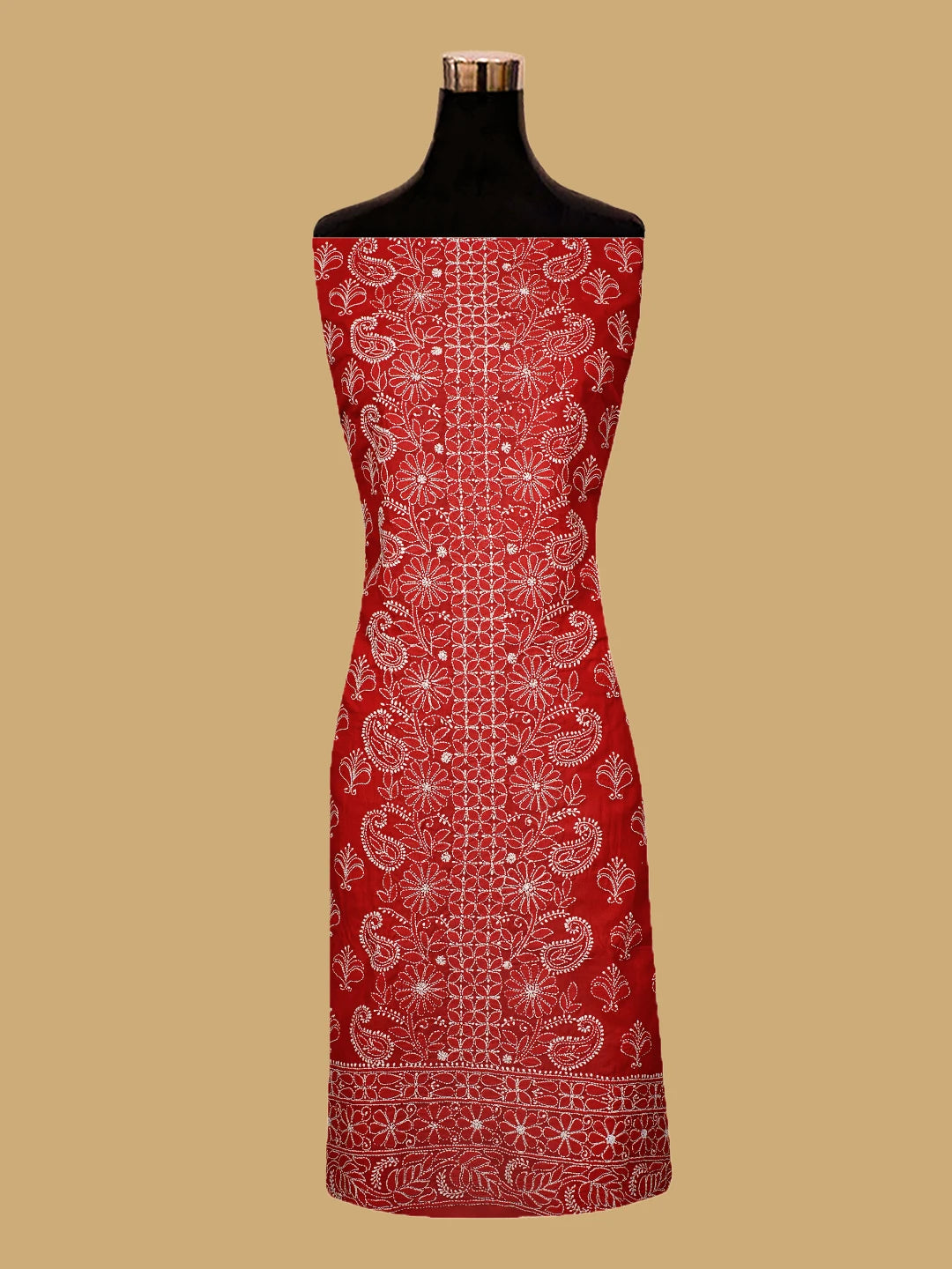 Ada Hand Embroidered Red Cotton Lucknowi Chikankari Unstitched Suit Piece 01A787251