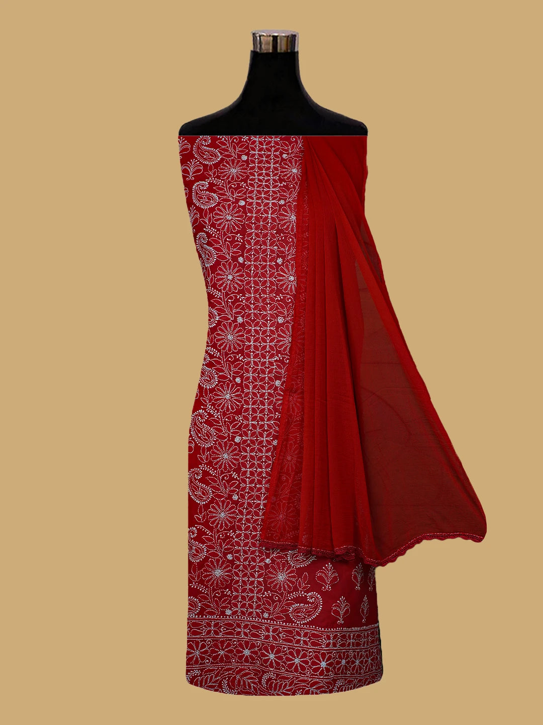 Ada Hand Embroidered Red Cotton Lucknowi Chikankari Unstitched Suit Piece 01A787251