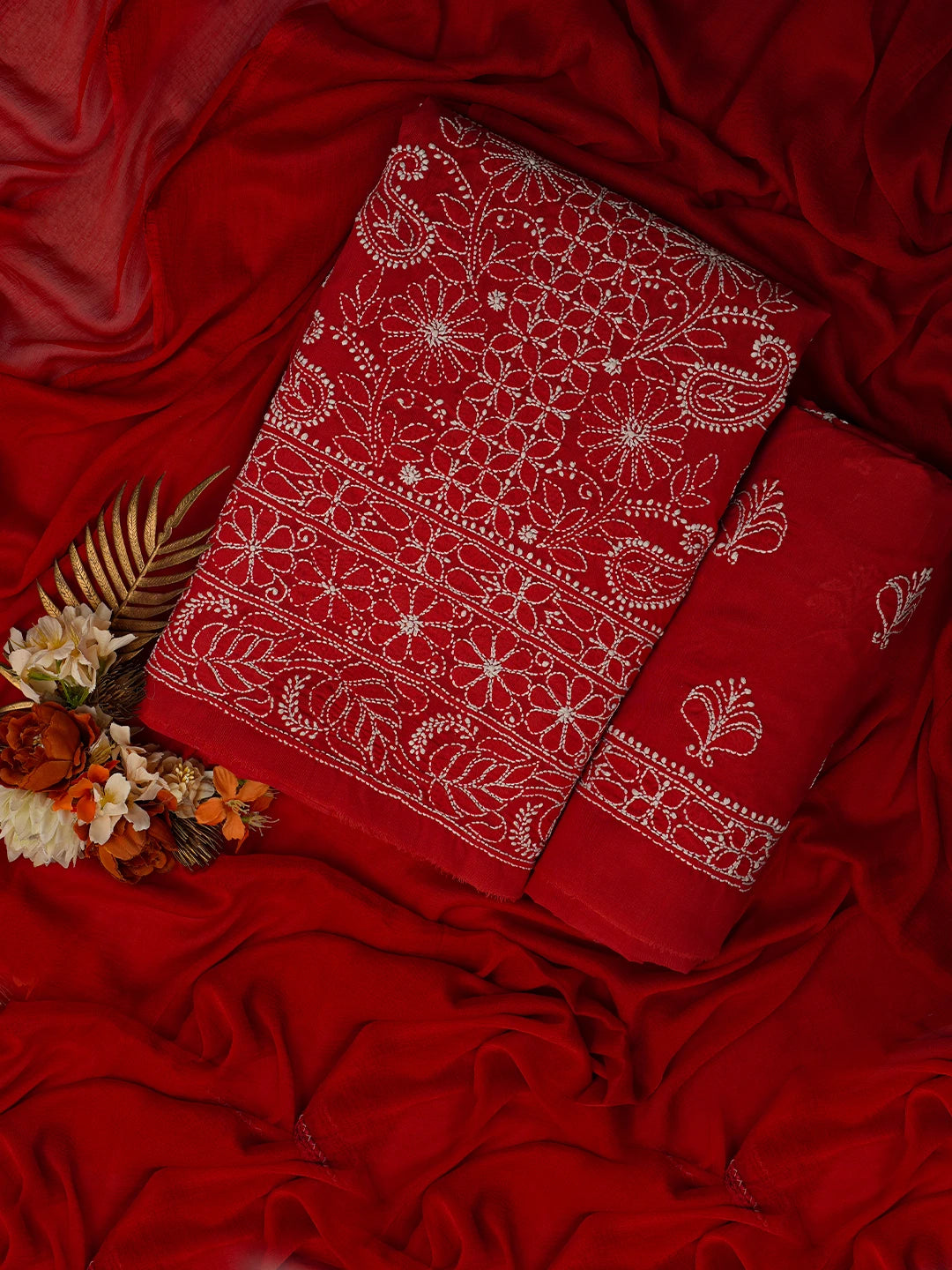 Ada Hand Embroidered Red Cotton Lucknowi Chikankari Unstitched Suit Piece 01A787251