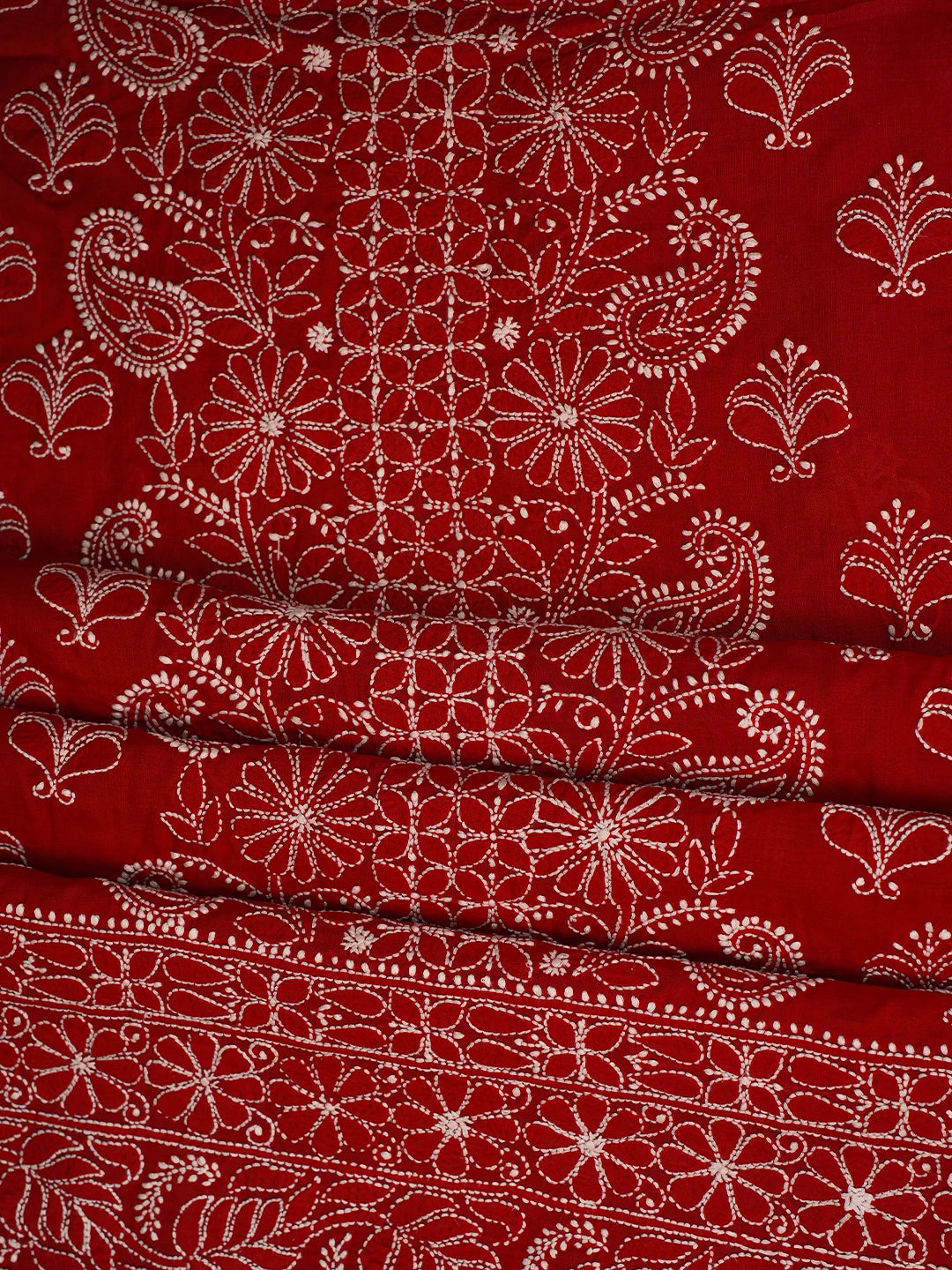 Ada Hand Embroidered Red Cotton Lucknowi Chikankari Unstitched Suit Piece 01A787251