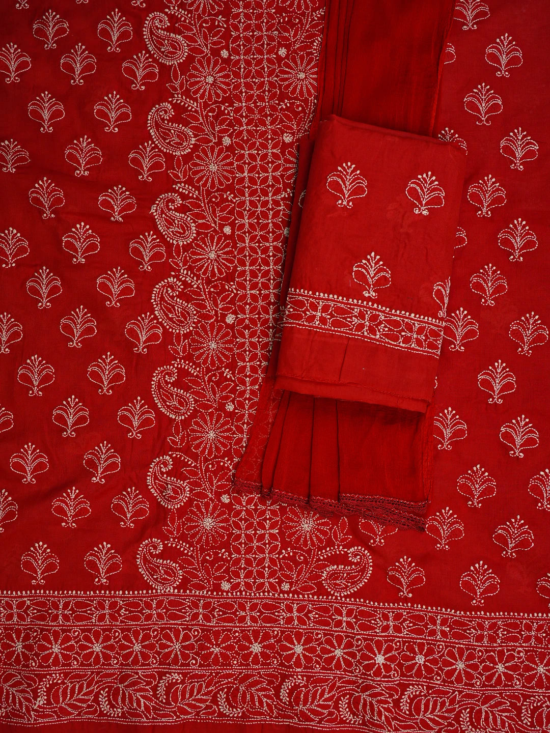 Ada Hand Embroidered Red Cotton Lucknowi Chikankari Unstitched Suit Piece 01A787251