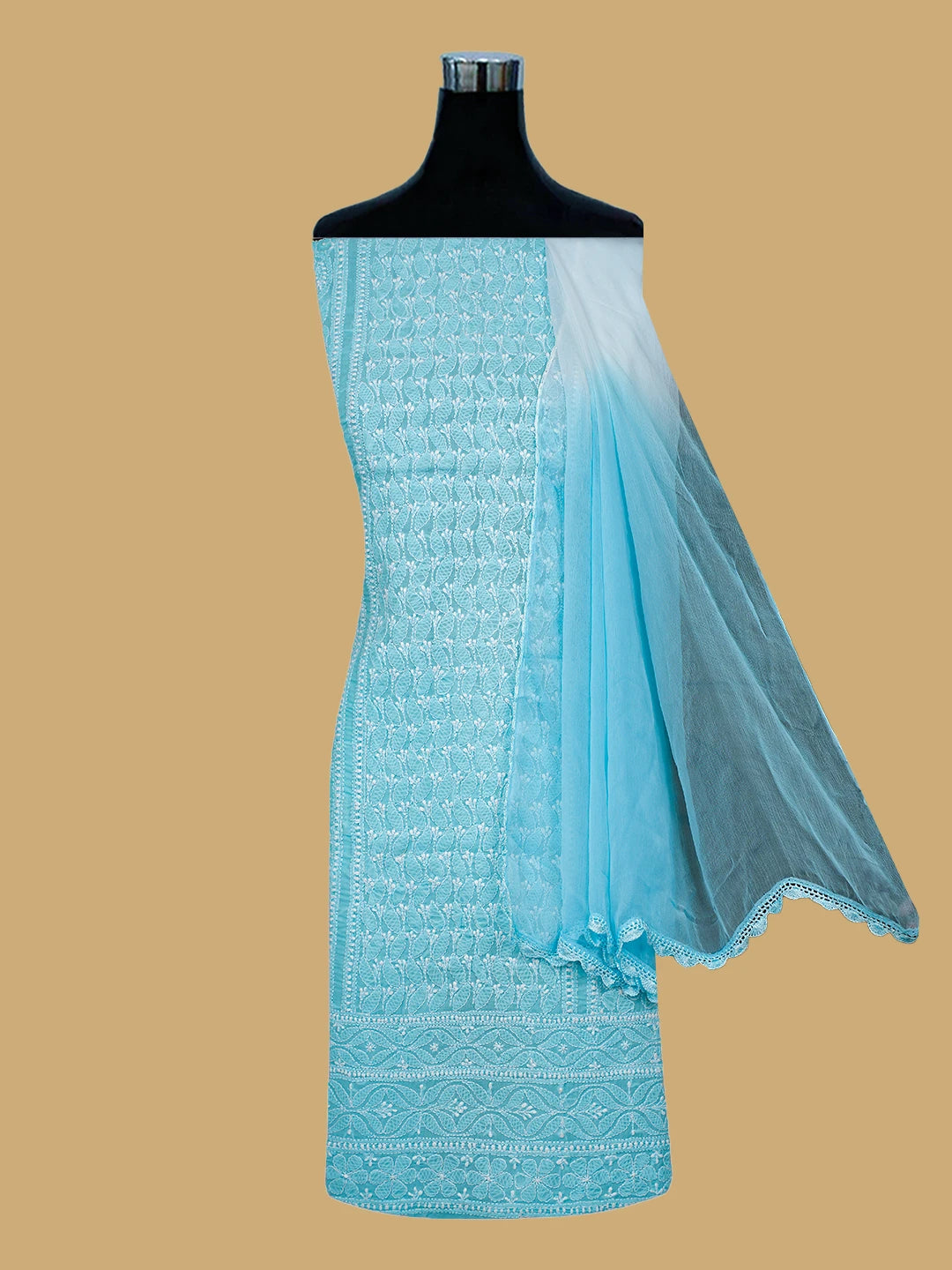 Ada Hand Embroidered Sky Blue Cotton Lucknowi Chikankari Unstitched Suit Piece 01A785238