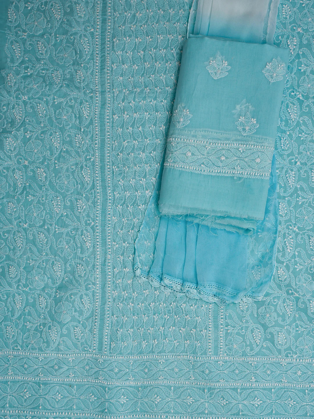Ada Hand Embroidered Sky Blue Cotton Lucknowi Chikankari Unstitched Suit Piece 01A785238